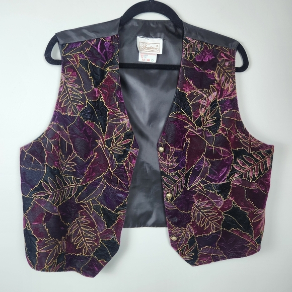 Vintage Retro Purple Velvet Leaf Pattern Whimsigoth Vest 80s Size 14 Fits Large - Picture 5 of 12